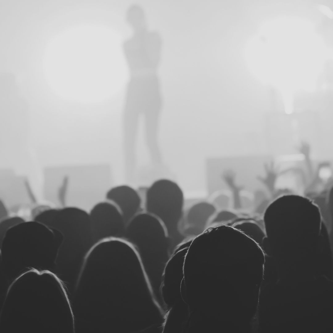 Yleisöä keikalla. Ihminen lavalla.