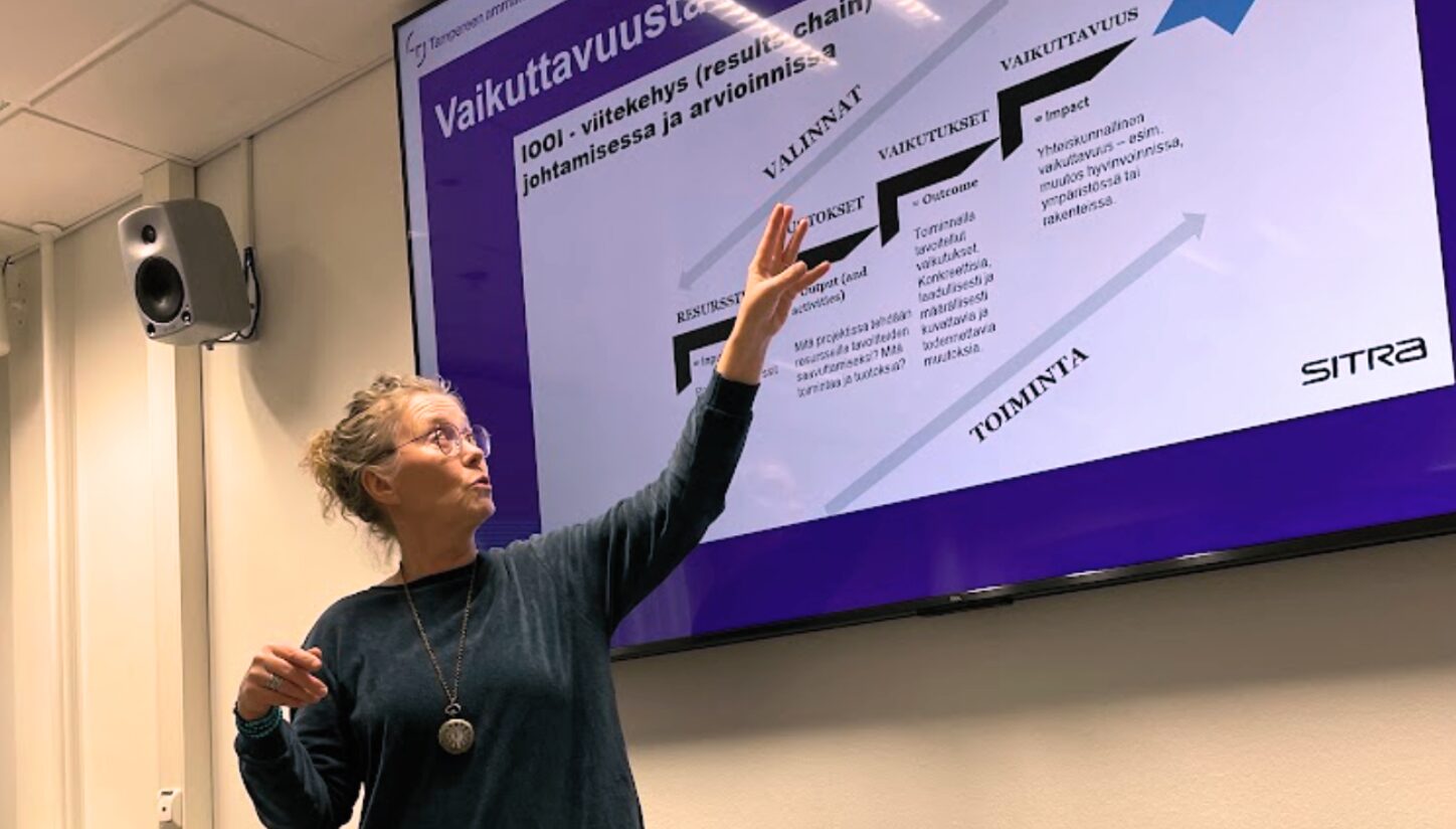 Henkilö esittelee heijastettua kuvaa, jossa kuvaillaan kaavioimaisesti vaikuttavuusarviointia.